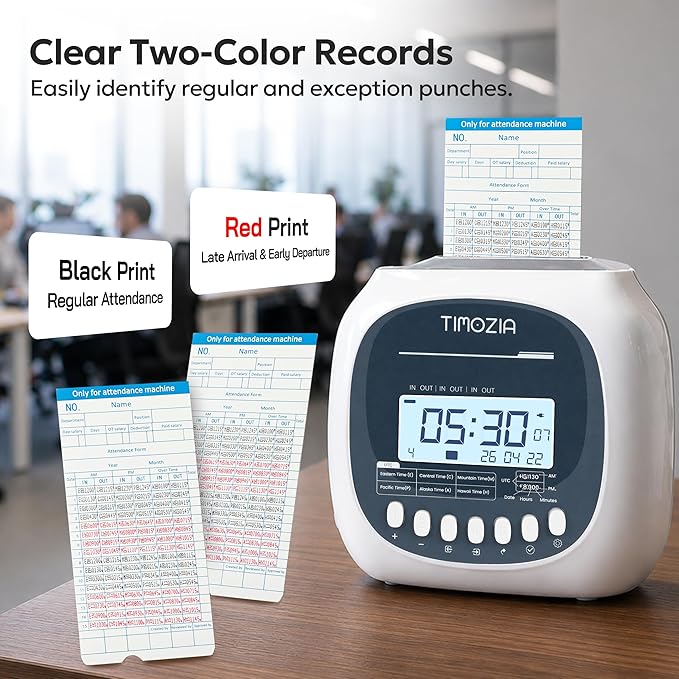 Time Clock for Employees Small Business, 6 U.S. Time Zones, Automatic Daylight Saving & Auto Time Update, Punch Card Time Recorder with 6 Punches Per Day-100 Time Cards and 2 Ribbons