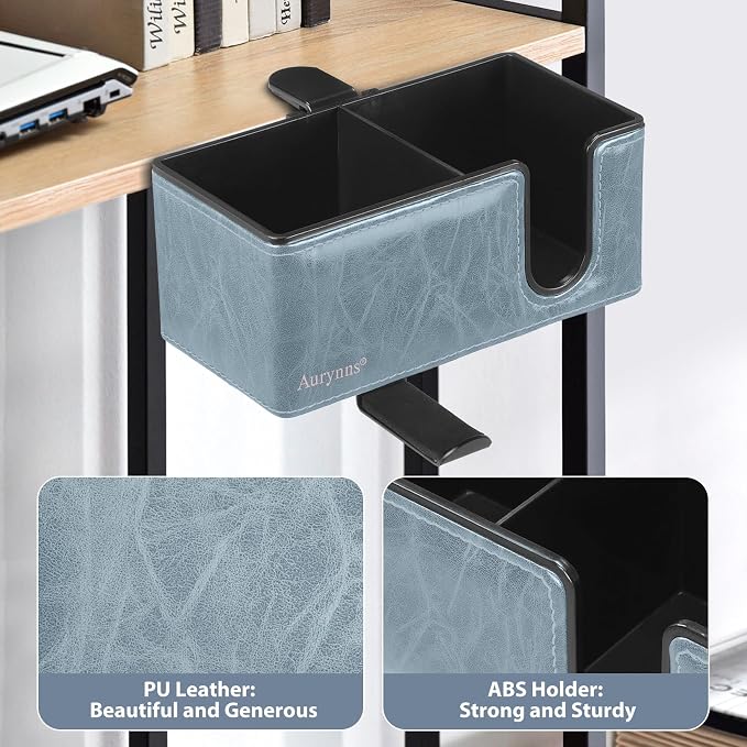 Under Desk Cup Holder Clamp on Cup Holder PU Leather Clip on Desk Organizer | Desk organizer with pencil holder clamp on side, under desk hanging organizer, clip on cup holder desk phone stand holder PU