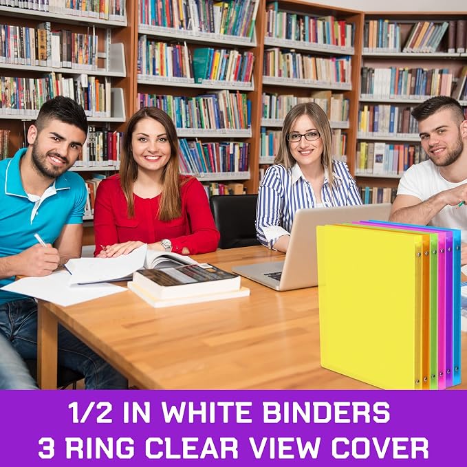 Fulmoon 48 Pack 3 Ring Plastic Binders 1/2 Inch Bulk with 2 Pockets, Flexible Binder Loose Leaf Hardcover, Fit 12" x 10" US Letter Size Paper, for School Office Home, 6 Colors(Bright)