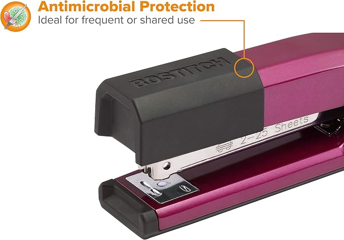 Bostitch Office Epic Metal Desk Stapler, 25 Sheet, Staple Remover, Purple | Die-cast body opens 180 degrees for bulletin boards, with a temporary stapling option and a hidden slot for backup fasteners.