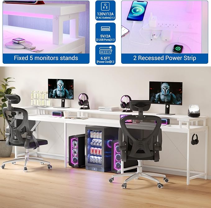 Reversible u Shaped to l Shaped Computer Desk with RGB Lighting & Charging Station, 79 Inch Home Office Workstation with Full Monitor Stand, Heavy Duty Gaming Desk Supporting 600LBS, Multiple Color Op