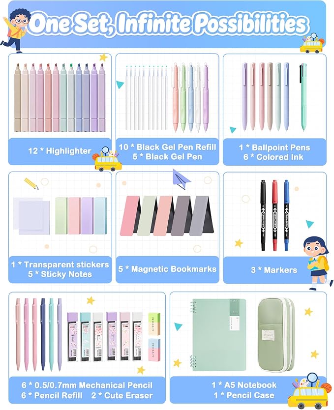 63PCS Stationery Set, Aesthetic School Supplies with Pencil Case