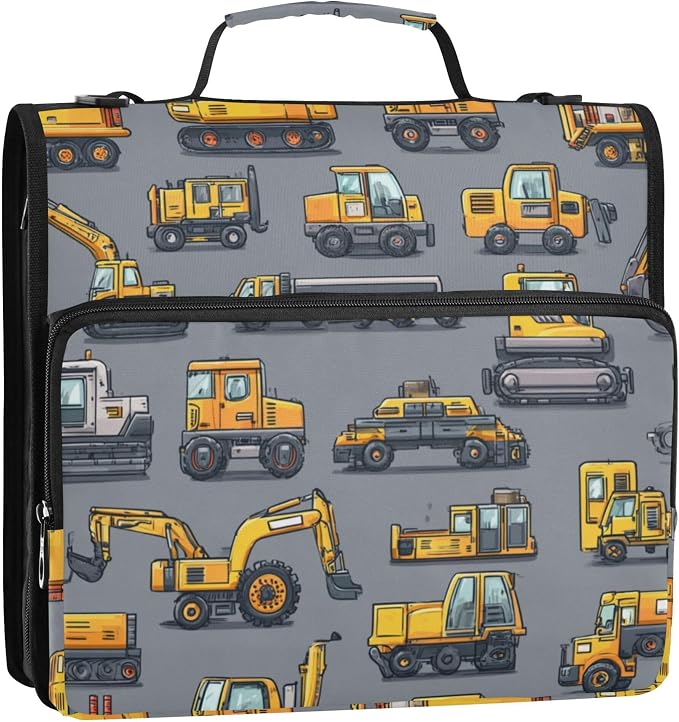 Fisyme Construction Excavator Trucks Zipper Binder 3 Ring with Zipper and Shoulder Strap Large Capacity Multi-Pocket Binder Organizer