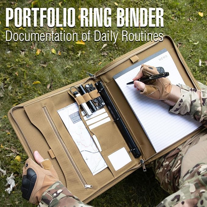 Kosibate Tactical Padfolio Portfolio Binder with Zipper and 25 Sheets of Letter Size Paper,Notebook Cover,Tactical Notebook with Zippered for Folders,Detachable 3-Ring Binder(A4,Khaki,13.5X 11.5Inch)