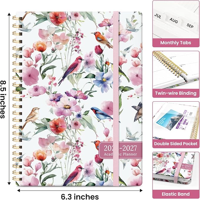Taja Planner 2026-2027, Jul 2026-Jun 2027 Monthly & Weekly Calendar Planner | 6.3" x 8.5", Hardcover Academic Calendar, Teacher Student Agenda Book with Tabs, School Office Supplies, Songbird Bloom