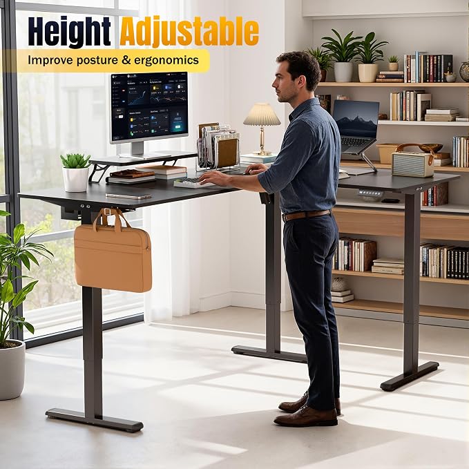Shahoo L Shaped Electric Standing Desk, 63"x47.2" Corner Height Adjustable Sit Stand Desk with Monitor Riser, Ergonomic Stand Up Desk, 154 LBS Load Capacity Quiet Motor Home Office Computer Desk