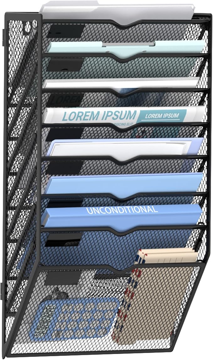 8-Tier Wall File Organizer and Hanging File Organizer, Black | Wall Organizer and Wall Mounted File Holder with 8 Pockets and Label Panels for Files, Mail, Folders, Magazines and Paper