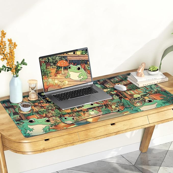 Large Gaming Mouse Pad Set, 4 in 1 Ergonomics Keyboard Desk Mat with Memory Foam Wrist Rest, Computer PC Extended Game Mousepad, Non-Slip Desk Matt Easy Typing Pain Relief I Frog & Mushroom