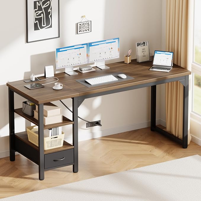 54" Computer Desk with Drawer, 1.2" Thick Reversible Office Desk | Modern Writing Table with Power Outlets & Storage Shelves, Heavy Duty Industrial Executive Desk for Home Bedroom Study Work