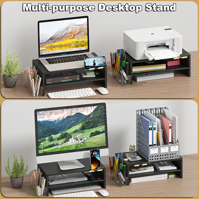 TEAMIX 2 Tiers Wood Monitor Stand Riser with Phone Holder & Side Pen Holder | Black Desk Organizer, 15.7L x 9.5W x 5.7 inch, Holds 80 lbs, Laptop/PC/Printer Stand, Ergonomic Design, Home Office Supplies