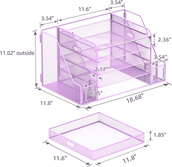 Mesh Desk Organizer with File Holder, 5-Tier Paper Letter Tray Organizer with Magazine Holder, Desktop Organizer and Storage with Drawer for Office Supplies Home or School (Purple) | Two side magazine holders and a bottom drawer store papers, folders, ...
