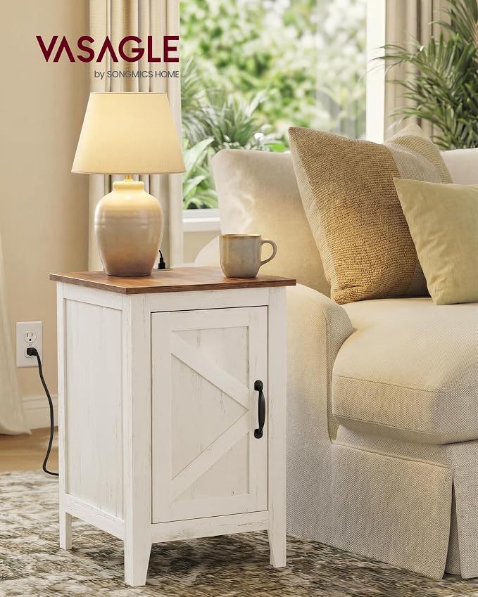 VASAGLE Side Table with Charging Station and Storage Cabinet, Nightstand | Farmhouse Narrow End Bedside Table for Living Room Bedroom Office, Rustic White and Honey Brown, LIRY Collection ULET131W101S