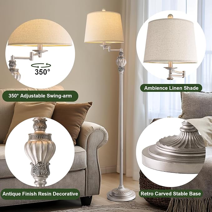 Vintage Floor Lamp with 350° Adjustable Swing Arm 61" Lamps for Living Room | Antique Standing Lamp, Retro Silver Bedroom Floor Lamp, Mid Century Farmhouse Rustic Traditional Brass Tall Swivel Pole Lamp