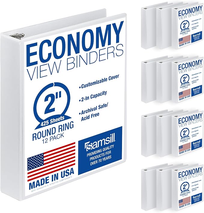 Samsill 2 Inch 3 Ring Binders, Economy Round Ring, Clear View Cover, 425 Sheet Capacity - for School, Home, Office - White, 12 Pack