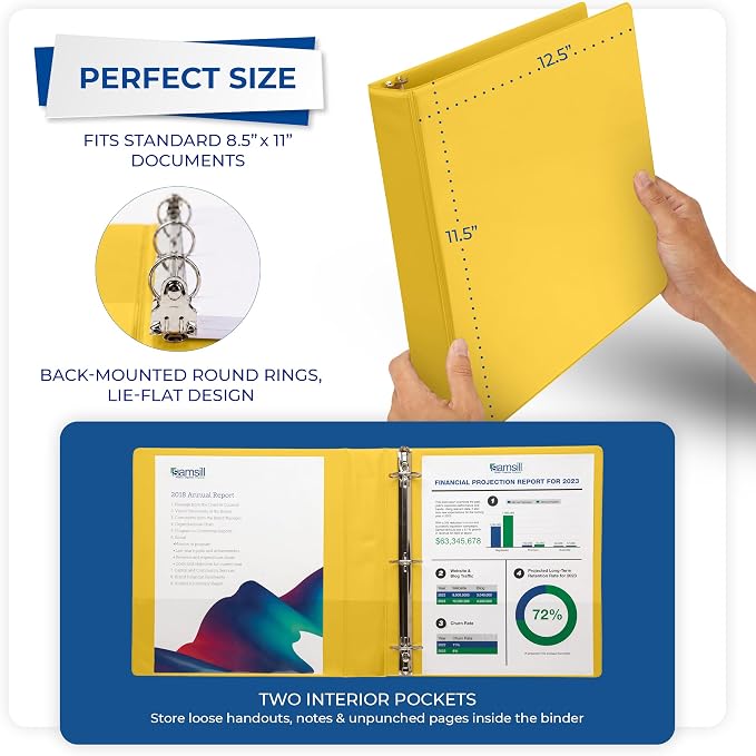 Samsill Economy 3 Ring Binder Organizer, 1.5 Inch Round Ring Binder, Customizable Clear View Cover, Yellow Binder