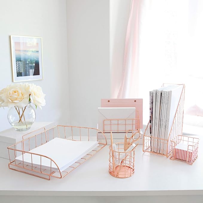 BLU MONACO | Rose Gold Desk Organizer Set 5 Piece | Mail Sorter Organizer Countertop with Letter Sorter for Desk | Standing File Organizer for Desk with Mesh Pen Holders