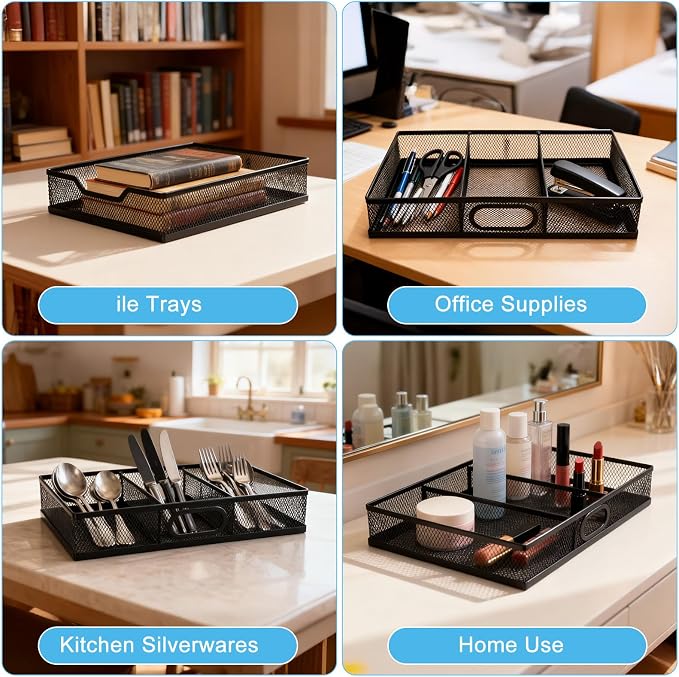 Office Drawer Organizer, 2 Pack Metal Mesh Desk Draw Divider, Versatile Desktop Organizer Tray to Keep Supplies Tidy and Easy to Access, Stackable A4 Paper Holder Tray