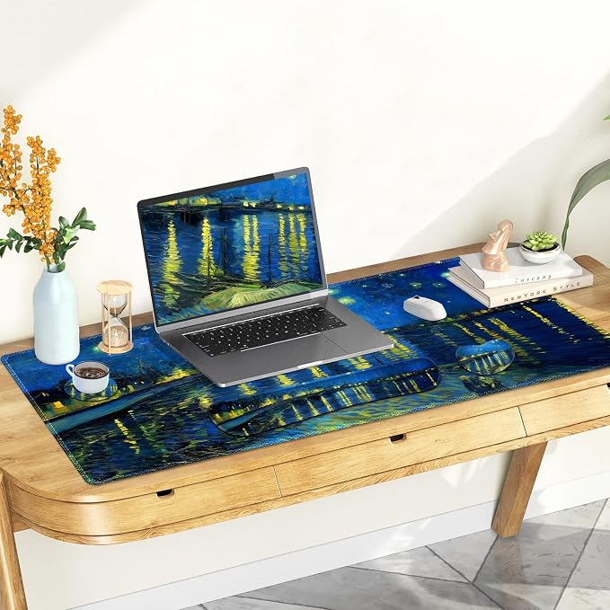 Large Gaming Mouse Pad Set, 4 in 1 Ergonomics Keyboard Desk Mat Memory Foam Wrist Rest, Computer Extended Game Mousepad, Non-Slip Desk Matt Easy Typing Pain Relief I Starry Night Over The Rhone