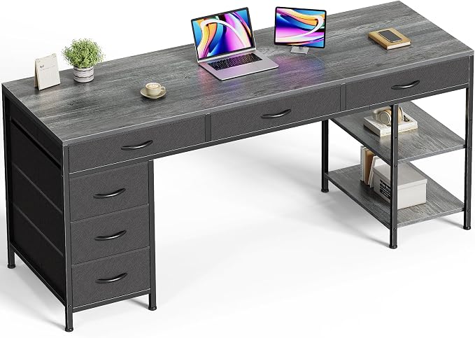Huuger Computer Desk with 6 Drawers, Office Desk with Shelves, Reversible Gaming Desk, Corner Desk with Storage, Work for Home Office, Study, Living Room, 63inch, Grey