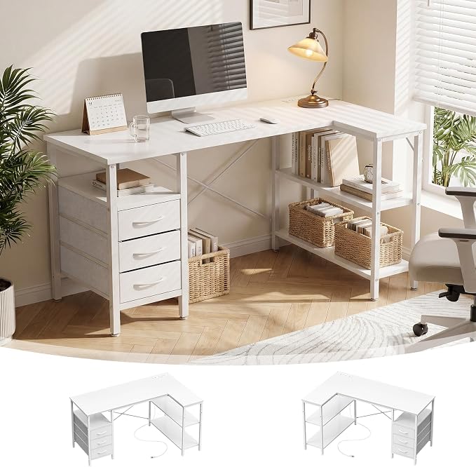 Alpen L Shaped Gaming Desk with Power Outlets, 55 Inch Computer Desk with 3 Drawers and Shelves, Corner Desk for Gaming, Study Writing PC Table with Storage and Reversible Shelf, White