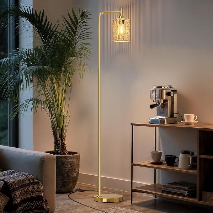 66" Gold Floor Lamp for Living Room, Boho Floor Lamp with Remote Control and LED Bulb, Rattan Shade, Industrial Tall Farmhouse Standing Lamp for Bedroom, Dining Room, Study Room, Office