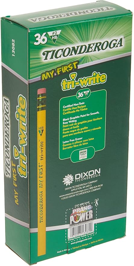 Ticonderoga® Tri-Write Beginners' Pencils With Erasers, #2 Soft, Yellow Barrel, Pack Of 36 & My First Tri-Write Wood-Cased Pencils, Neon Colors, 12 Count (X13012)