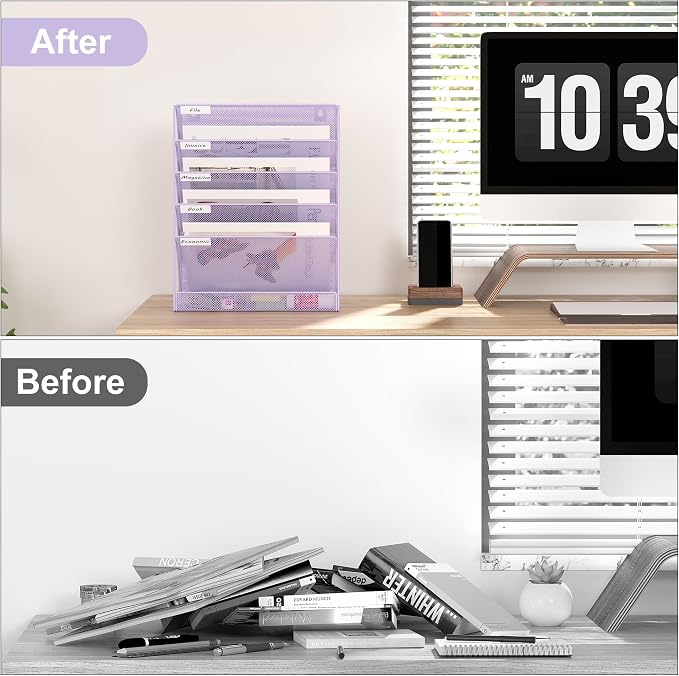 EasyPAG 5 Tier Wall File Holder, Mesh Hanging Folder Organizer with Classify Label, Versatile Desk File Holder, Vertical Wall Mounted Mail Organizer for Office Home Cubicle, Purple