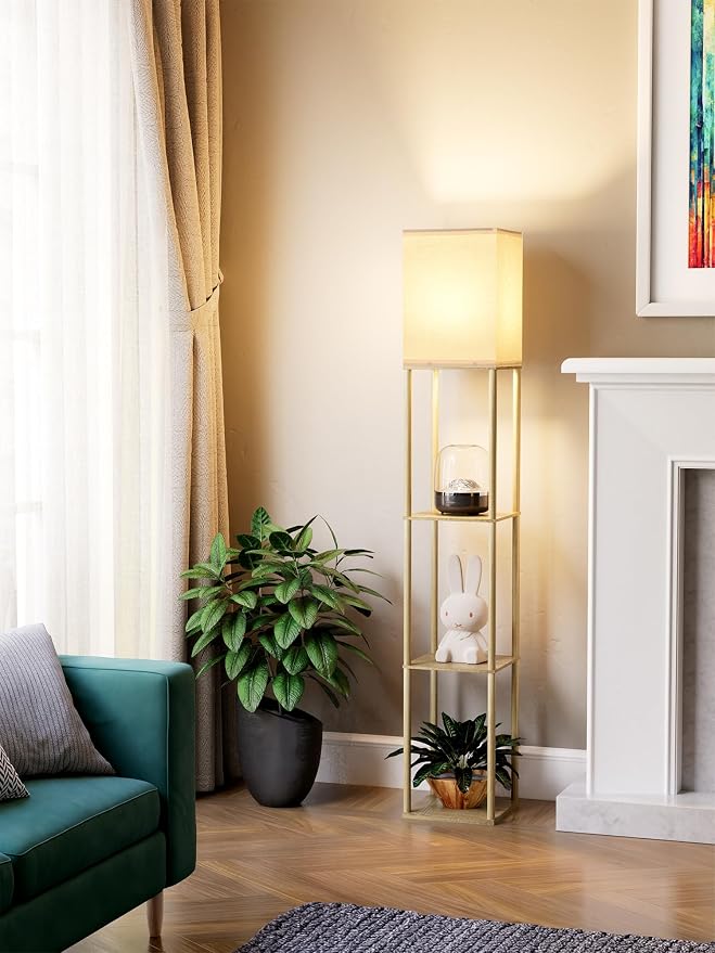 Floor Lamp with Shelves for Living Room Natural Wood, Shelf Floor Lamp with 3 CCT LED Bulb, Corner Display Standing Column Lamp Etagere Organizer Tower Nightstand with White Linen Shade for Bedroom