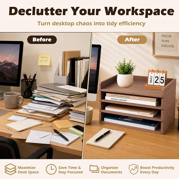 4 Pack Stackable Paper Tray, Wooden Paper Tray Organizer with Letter Tray, Paper Holder for Desk, Desktop File Storage Rack for Study, Home and Office (Walnut)