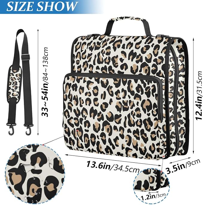 Fisyme Leopard Zipper Binder 3 Ring with Zipper and Shoulder Strap Large Capacity Multi-Pocket Binder Organizer