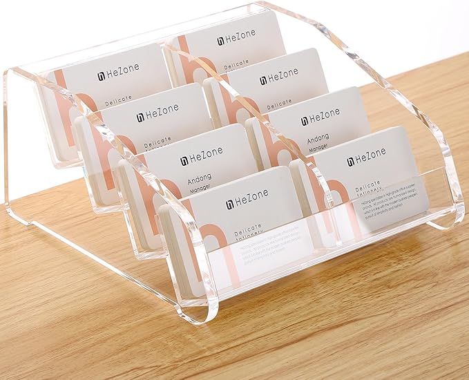 HeZone Business Card Holder for Desk Clear Acrylic Cards Stand Rack Multiple 8 slots 4 Tier, Business Card HolderDisplay for Women and Men Organize 400 Cards (8 Slots)