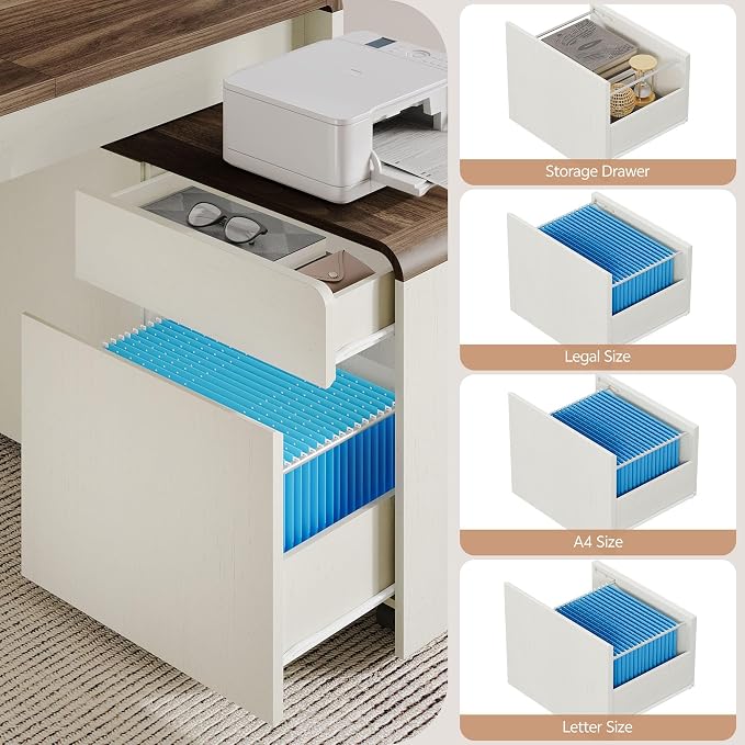 78" L-Shaped Desk with Mobile File Cabinet, White & Walnut | Mid-Century Executive L-Desk with Mobile File Cabinet, Drawers & Power Hub (4AC+2USB) Waterfall Edge. For Home Office