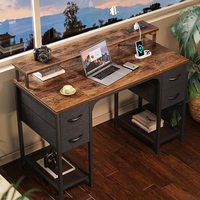 Huuger 47 inch Computer Desk with Power Outlets & 4 Drawers | Gaming Desk with LED Lights, Home Office Desk with Storage Space, Work from Home, Rustic Brown and Black
