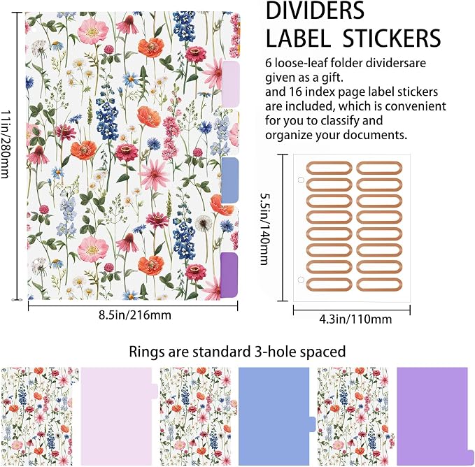 3 Ring Binder 2 Inch Round Ring Binder with 6 Tab Dividers，Cute Clipboard with Storage(Wild Flowers)