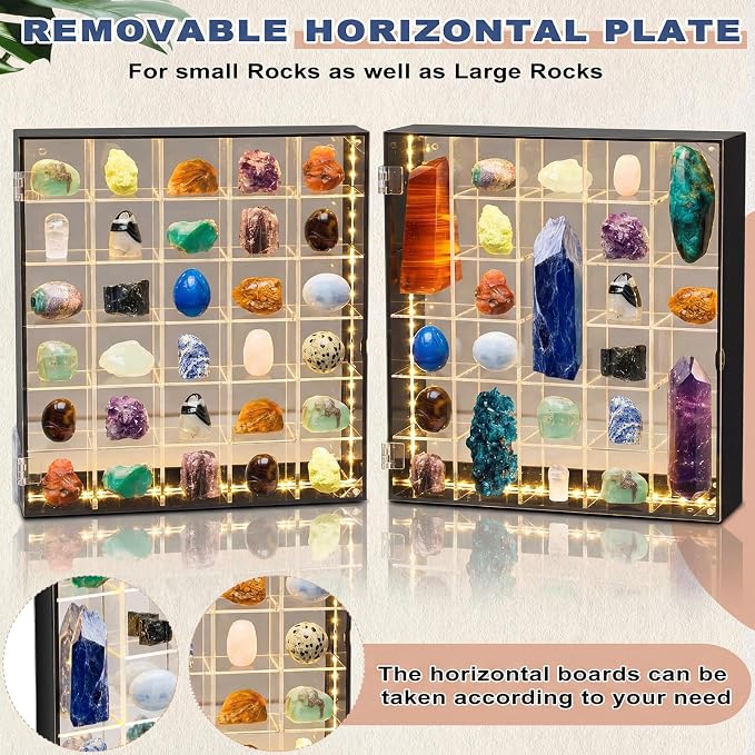 Cinnvoice Rock Display Case 30 Grids, Black Border, Square with LED | Adjustable Acrylic Display Case, Crystal Organizer for Collectible, with Built-in Mirrored, Magnetic Door, Wall Mount