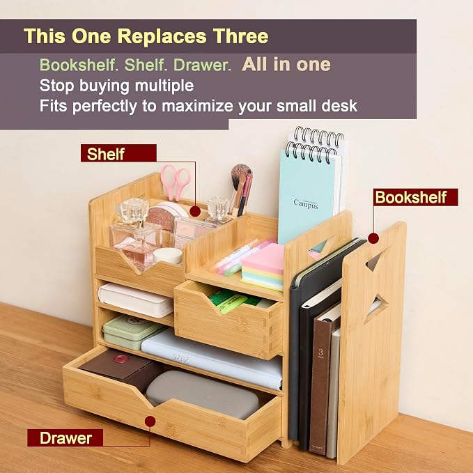 Pandorama Bamboo Desk Organizer Medium - Drawers & Adjustable File Holder, Fully Assembled Wood Desktop Storage for Kitchen, Bedroom, Bathroom, Study Room
