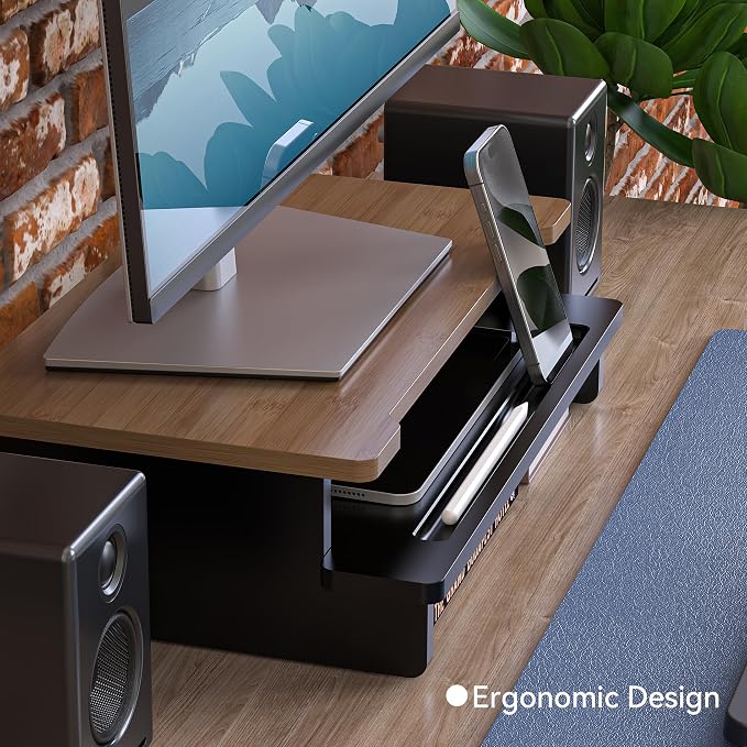 16.5” Bamboo Monitor Stand with Phone & Tablet Holder Desk Shelf | Monitor Riser for 36-48 Inch Desk Cozy Computer Setup Workplace Organizer Keyboard Storage Compact Ergonomic Black