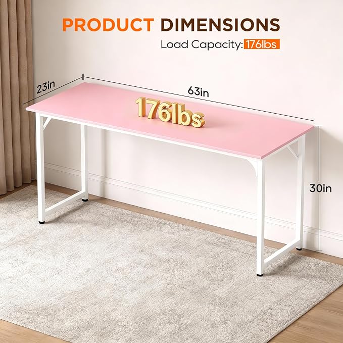 PayLessHere | 63 Inch Computer Desk | Pink | Office Desk with Metal Frame, Adjustable Feet | Water-Resistant, Scratchproof Surface | Sturdy Writing Table for Home Office or Study | Pack of 1