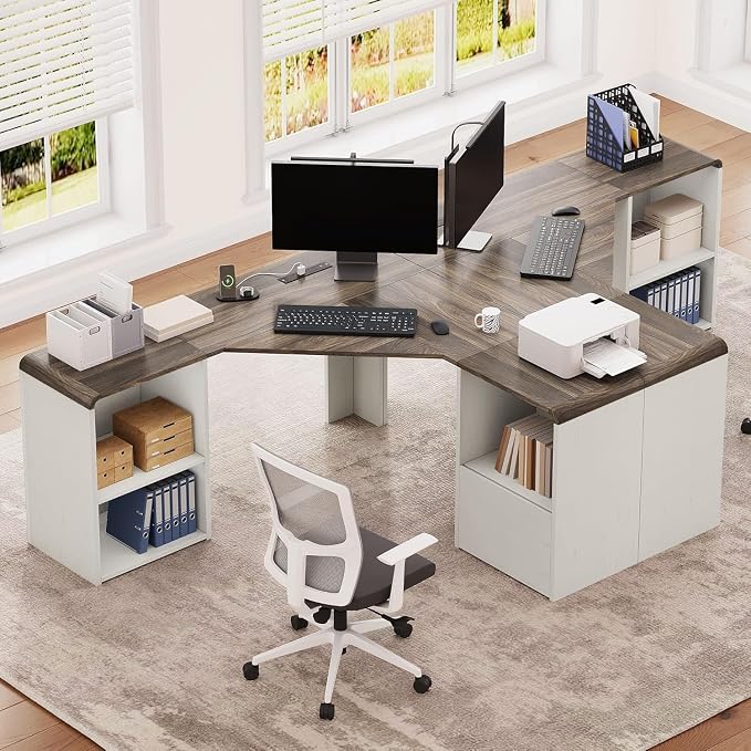 59'' Reversible L-Shaped Computer Desk, White | Corner Desk w/ Fluted Storage, Sliding Doors, Drawers & 4AC+USB-C. Reversible Fits Any Room Layout For Home Office