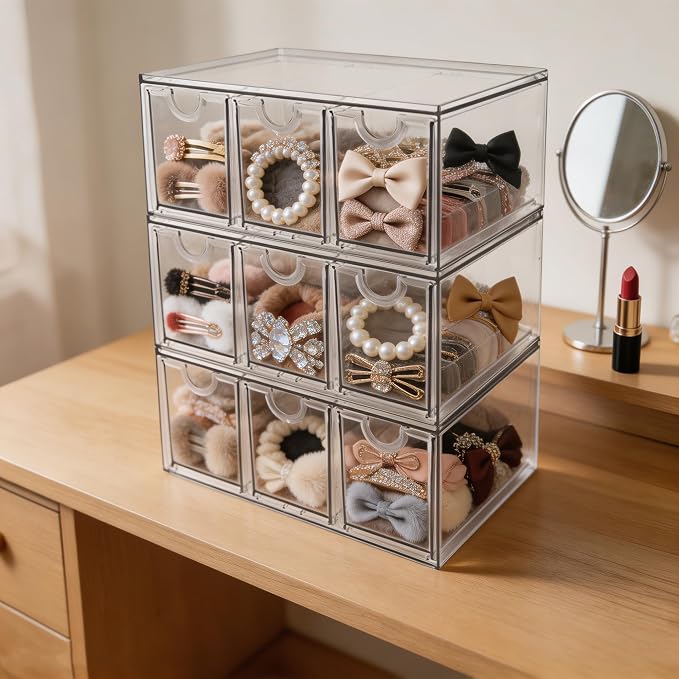 Prsildan Craft Art Supply Organizer Stackable Storage Drawer with 9 Drawers | Clear Acrylic, Tea Bag K Cup Organizer, for Kitchen Office Desk Vanity Makeup Organizer, 3 Pack