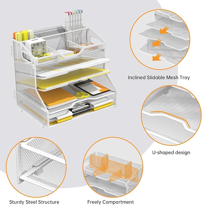 YINGHUA 5-Tier Mesh Desk Organizer, Letter Tray - White | Sturdy steel mesh with 3 sliding trays, 2 handles, 6 adjustable top sections. U-shaped design for easy access to office files