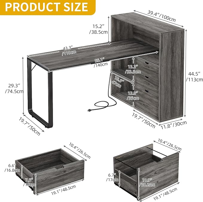 DWVO 55" L Shaped Corner Desk with Bookshelf, Drawers, Power & LED, Grey | Built-In Power Outlets, Led Lights, Attached Bookshelf, Storage Drawers, for Home Office Corner, Easy Assembly