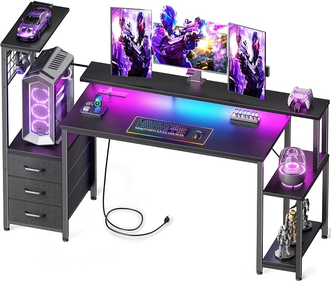 Korfile 55 Inch Gaming Desk with Bluetooth LED Lights & Power Outlets,Computer Desk with Fabric Drawers & Hooks,Reversible Gamer Table with Monitor Stand for Game Room,Home Office,Carbon Fiber Black | Reversible，Computer Desk, Gamer Table, Bluetooth LE...