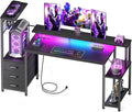 Korfile 55 Inch Gaming Desk with Bluetooth LED Lights & Power Outlets,Computer Desk with Fabric Drawers & Hooks,Reversible Gamer Table with Monitor Stand for Game Room,Home Office,Carbon Fiber Black | Reversible，Computer Desk, Gamer Table, Bluetooth LE...