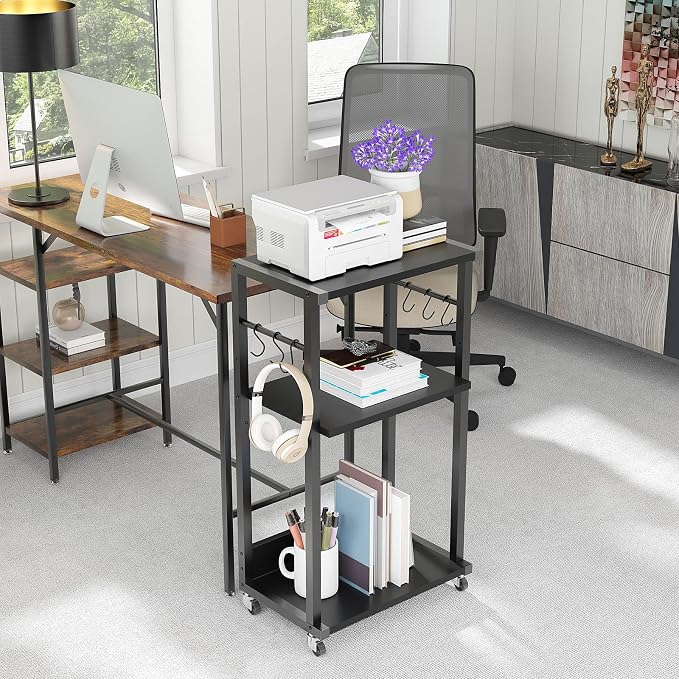 YMYNY 3-Tier Mobile Printer Stand 32.28 * 17.32 * 11.81" Black, HPT002B | Printer Cart with Adjustable Storage Shelf & 6 S-Hooks Tall Printer Table for Home Office,for Computer Tower Stand,Shredder