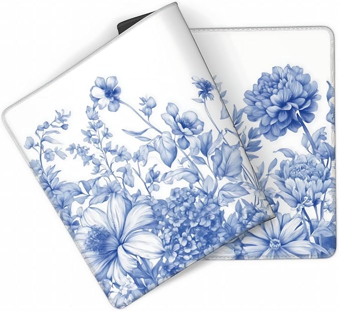 Floral Aesthetic Lotus Gaming Mouse Pad, White Blue Chinoiserie Desk Mat with Anti-Slip Base & Stitched Edges,35.4" x 15.7" in Table Mat for Computer Desktop, Beautiful Workstation Decor