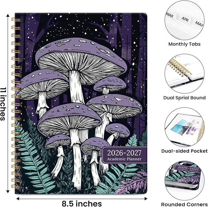 Planner 2026-2027, Academic Year Monthly & Weekly Planner Caledndar, July 2026 - June 2027, Hardcover Large Planning Agenda Book with Tabs for School Office Supplies, 8.5" x 11" - Enchanted Fungi