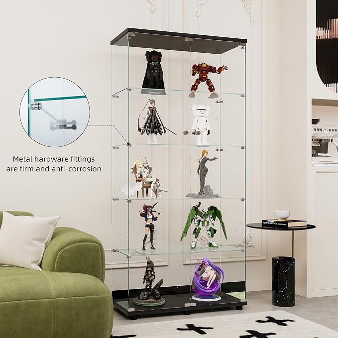 FLYMUHJIA Curio Cabinets with Tempered Glass High Cabinet with Shelves Glass Case for Display Showcase Collectibles for Living Room, Bedroom, (5-Shelf Double Door, Black)