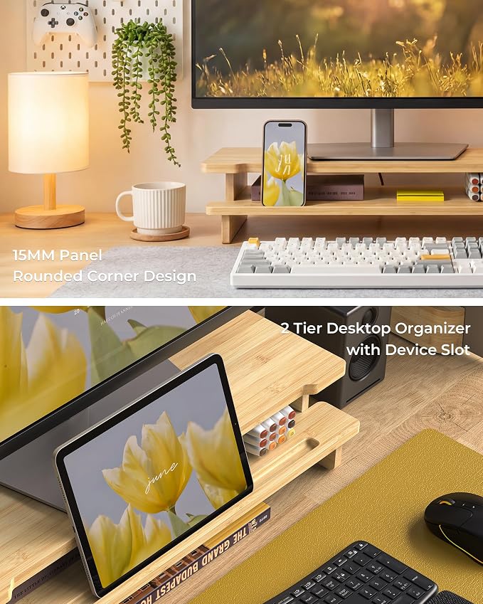 23” Bamboo Monitor Stand with Phone & Tablet Holder Desk Shelf | Monitor Riser for 40-55 Inch Desk Cozy Computer Setup Workplace Organizer Keyboard Storage Compact Ergonomic