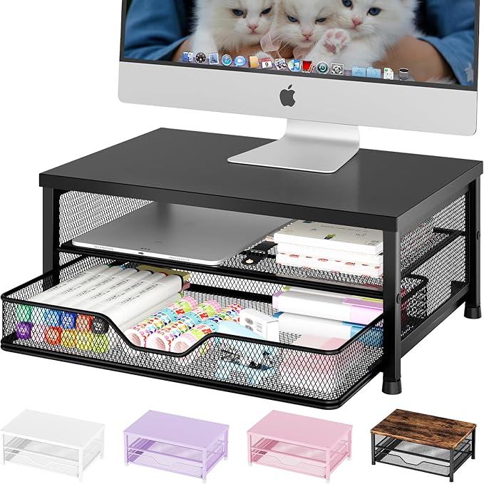 OPNICE Computer Monitor Stand Riser, Desk Organizer with Drawer, Laptop Stand, Office Desk Accessories & Workspace Desktop Organizers Storage for Office Supplies(Black)
